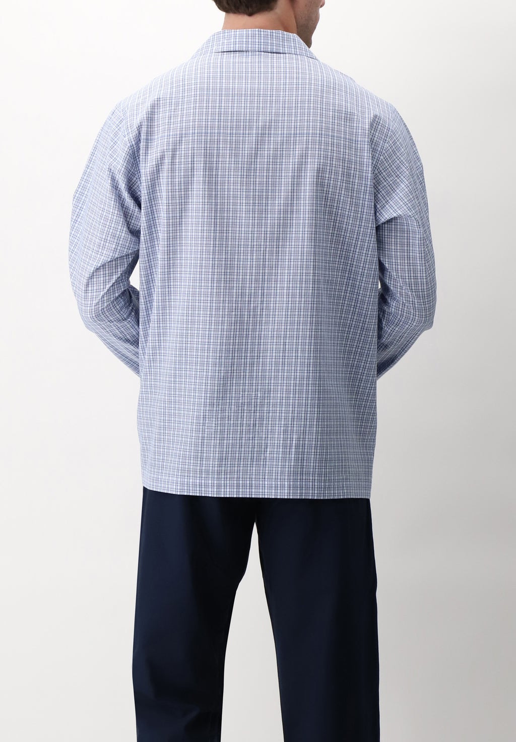 Long Open Chequered Cotton Cloth Pyjamas with Collar